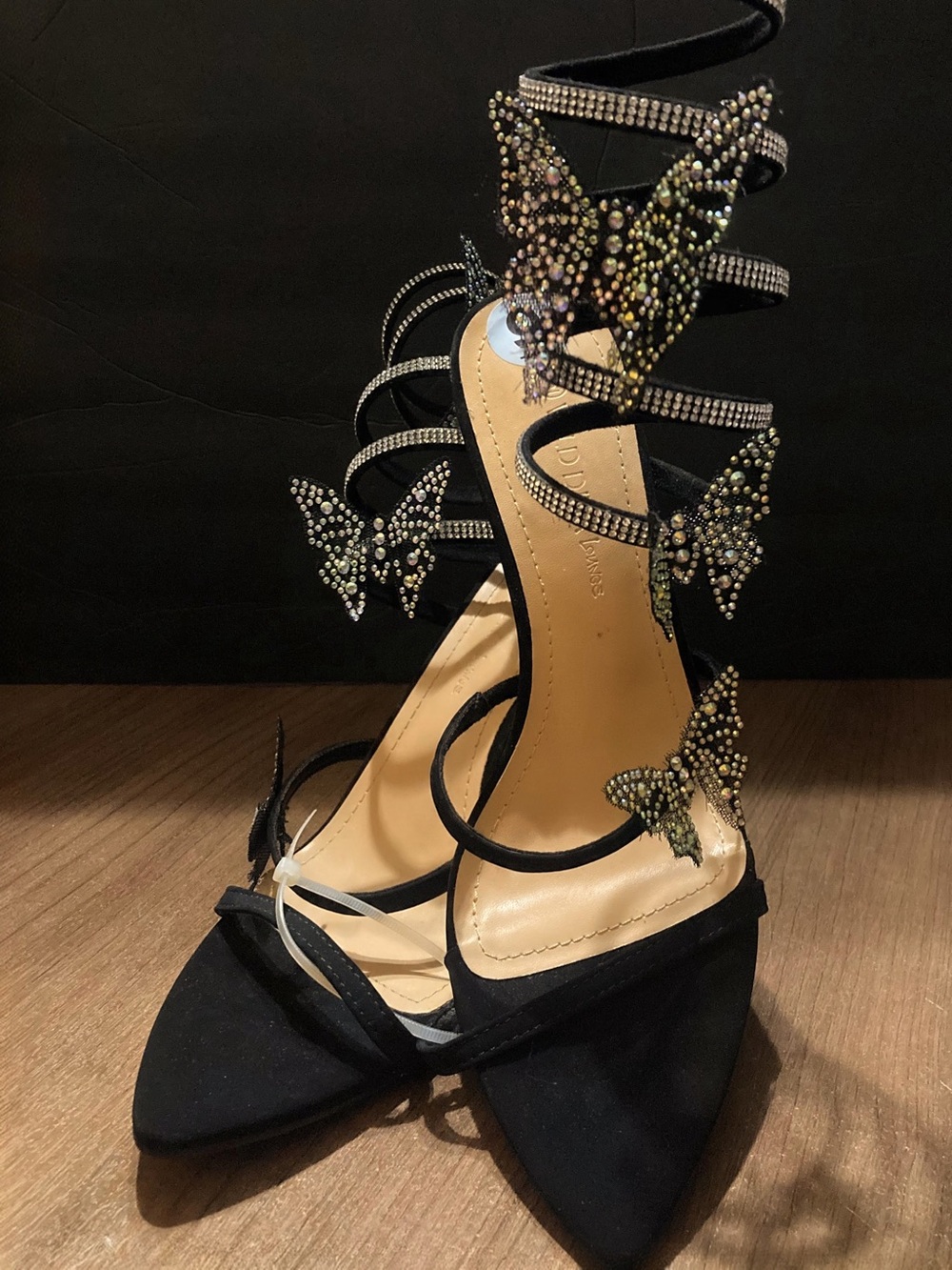 Wild Diva Black Butterfly Crystal Strappy Heels